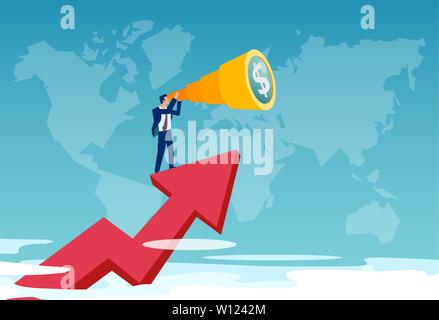Vector of a businessman standing on the red arrow growing up looking through a telescope searching for new financial global opportunity. Stock Vector