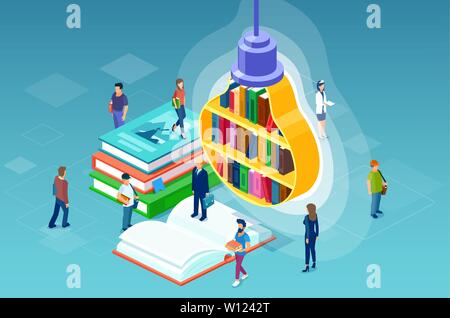 Book library and education concept. Vector of studying, reading literature people of different occupations and a bookshelf in the form of light bulb. Stock Vector