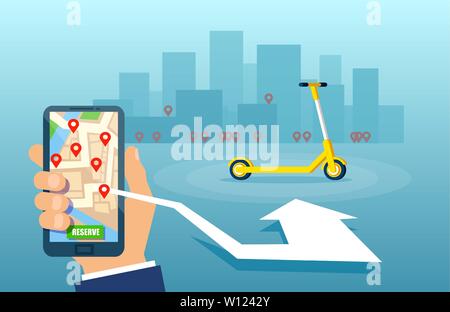 Vector of a man renting an electric scooter using sharing service mobile app on smartphone Stock Vector