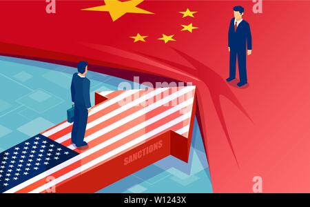 China and United States trade war conflict concept. Vector of two opposing flags, businessmen, trading partners as symbol of economic dispute. Stock Vector