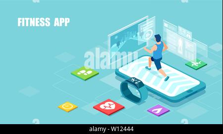Vector of a fit man running on a smartphone treadmill, exercising. Sport gadgets and mobile apps for  workout concept. Stock Vector