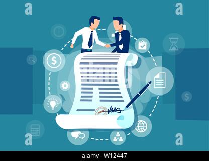 Vector of two business men having an agreement standing behind a signed contract on a handshake background Stock Vector