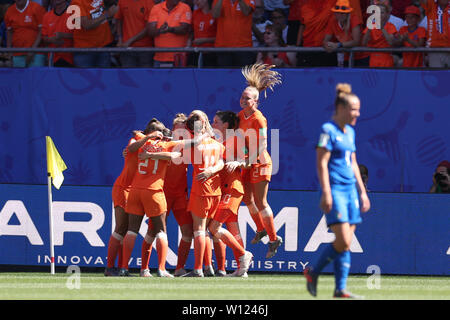 Valenciennes, France. 29th June, 2019. Players of the Netherlands celebrate their goal during the quarterfinal between Italy and the Netherlands at the 2019 FIFA Women's World Cup in Valenciennes, France, June 29, 2019. Credit: Zheng Huansong/Xinhua/Alamy Live News Stock Photo