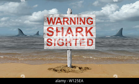 Shark warning sign and beware of sharks signage on a beach with 3D illustration elements. Stock Photo