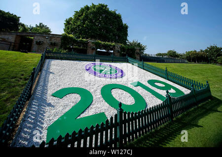 Wimbledon, London, UK. 29th June 2019.29th June 2019, The All England Lawn Tennis and Croquet Club, Wimbledon, London, England; Wimbledon Tennis tournament preview day; Wimbledon 2019 is displayed Credit: Action Plus Sports Images/Alamy Live News Stock Photo