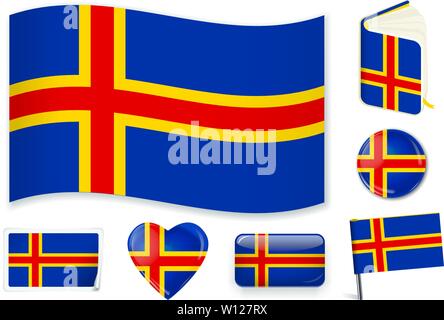 Aland flag in wave, book, circle, pin, button heart and sticker shapes Stock Vector