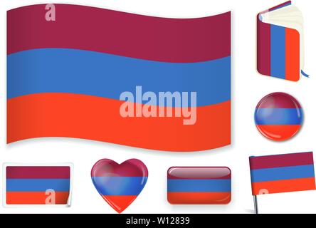 Armenia. Armenian national flag in wave, book, circle, pin, button heart and sticker shapes Stock Vector