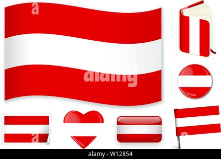 Austria. Austrian national flag in wave, book, circle, pin, button heart and sticker shapes Stock Vector