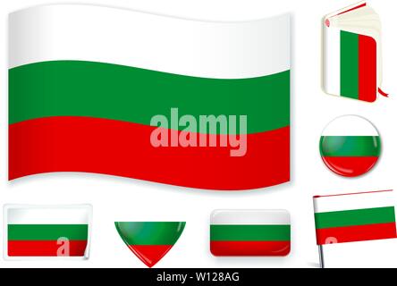 Bulgaria. Bulgarian national flag in wave, book, circle, pin, button heart and sticker shapes Stock Vector