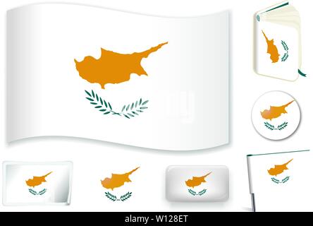 Cyprus. Cypriot national flag in wave, book, circle, pin, button heart and sticker shapes Stock Vector