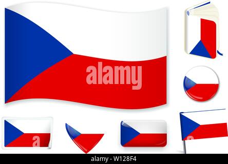 Czech Republic. Czech national flag in wave, book, circle, pin, button, heart and sticker shapes Stock Vector