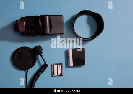 camera equipment with lens cover, card reader, flash Stock Photo
