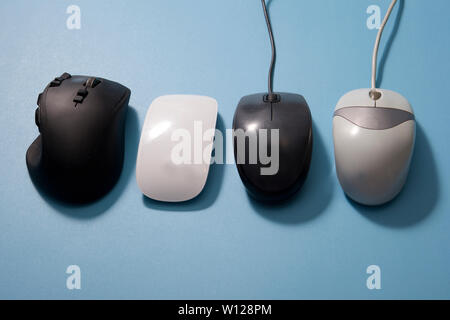 horizontal collection of computer mouses Stock Photo