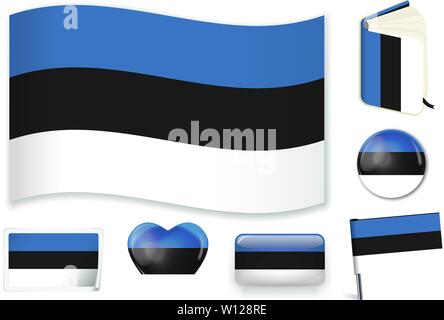 Estonia. Estonian national flag in wave, book, circle, pin, button heart and sticker shapes Stock Vector