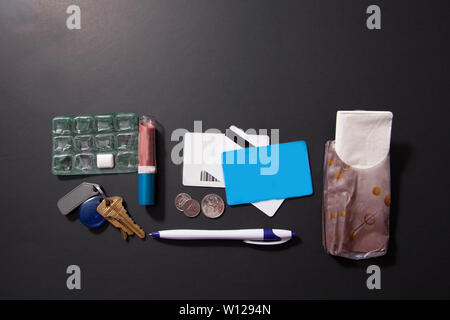 Contents of what might be in a person's purse or bag Stock Photo