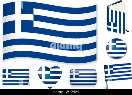 Greece. Greek national flag in wave, book, circle, pin, button heart and sticker shapes Stock Vector