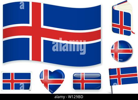 Iceland. Icelandic national flag in wave, book, circle, pin, button heart and sticker shapes Stock Vector