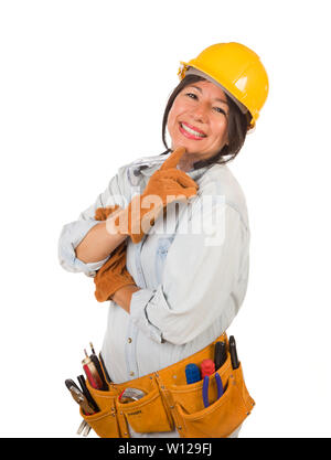 Hispanic Female Contractor Wearing Goggles, Hard Hat and Goggles Isolated on White Background. Stock Photo