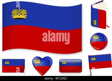 Liechtenstein. Liechtenstein national flag in wave, book, circle, pin, button heart and sticker shapes Stock Vector