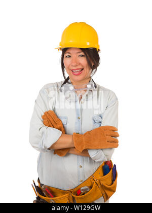 Hispanic Female Contractor Wearing Goggles, Hard Hat and Goggles Isolated on White Background. Stock Photo