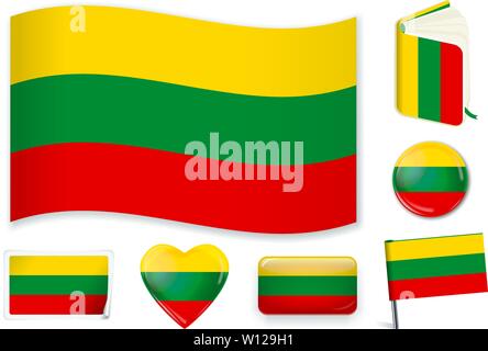 Lithuania. Lithuanian national flag in wave, book, circle, pin, button heart and sticker shapes Stock Vector