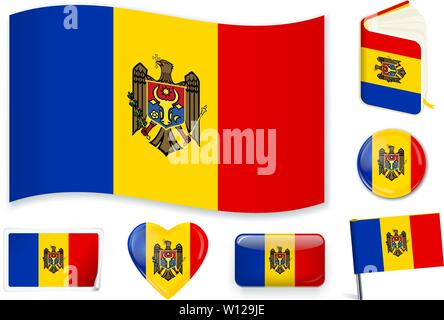 Moldova national flag in wave, book, circle, pin, button, heart and sticker shapes. Stock Vector