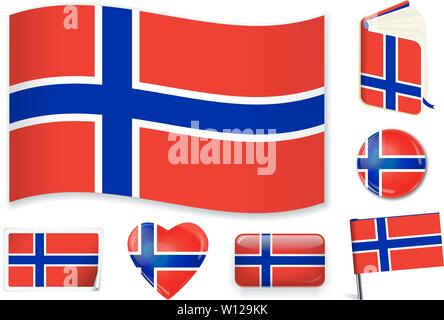 Norway. Norwegian national flag in wave, book, circle, pin, button heart and sticker shapes Stock Vector