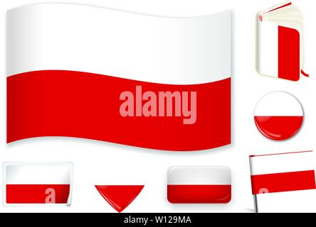 Poland. Polish national flag in wave, book, circle, pin, button heart and sticker shapes Stock Vector