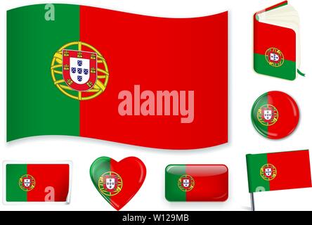 Portugal. Portuguese national flag in wave, book, circle, pin, button heart and sticker shapes Stock Vector