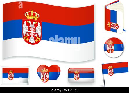 Serbia. Serbian national flag in wave, book, circle, pin, button heart and sticker shapes Stock Vector