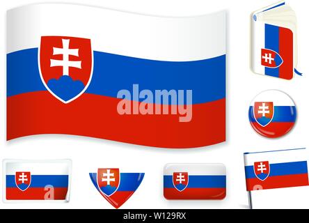 Slovakia. Slovakian national flag in wave, book, circle, pin, button heart and sticker shapes Stock Vector
