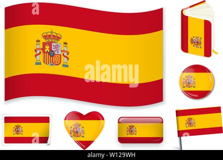 Spain. Spanish national flag in wave, book, circle, pin, button heart and sticker shapes Stock Vector