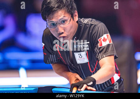 LEICESTER United Kingdom. 29th June 2019. Canada Alex Pagulayan during Betvictor World Cup of Pool Quarter Final between Canada vs Philippings at Morningside Arena on Saturday June 29 2019 in LEICESTE...