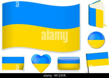 Ukraine. Ukrainean national flag in wave, book, circle, pin, button heart and sticker shapes Stock Vector