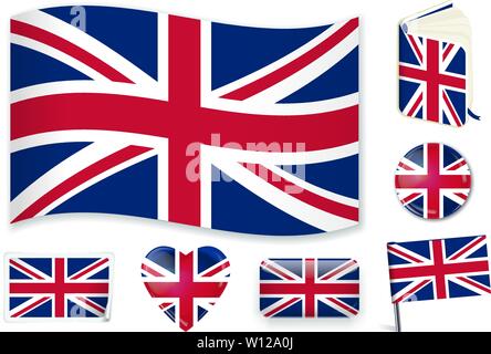 United Kingdom national flag in wave, book, circle, pin, button, heart and sticker shapes. Stock Vector