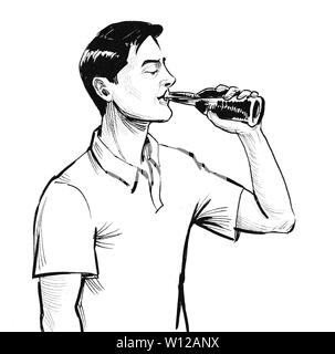 Man drinking beer from the bottle. Ink black and white drawing Stock Photo