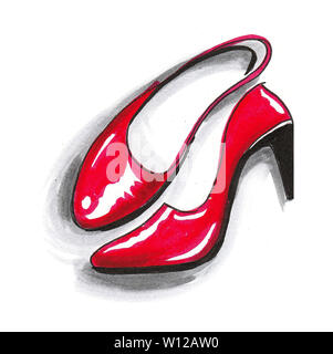 A pair of a female red high heel shoes. Ink and watercolor illustration Stock Photo
