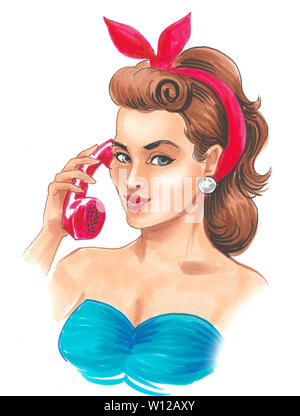 Pretty woman with a pin up styled hair talking over the red telephone. Ink and  watercolor illustration Stock Photo