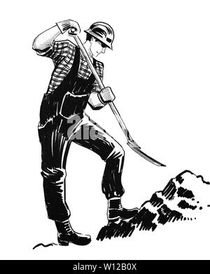 Man digging earth. Ink black and white illustration Stock Photo