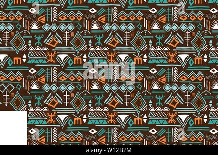 Tribal seamless pattern with archaic geometric ornament. Primitive ethnic style with hand drawn endless borders. Happy colorful color palette Stock Vector