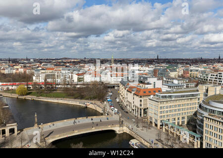 Spree River and buildings in Mitte district at the downtown Berlin, Germany, viewed from above on a sunny day in the early spring. Stock Photo