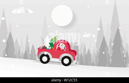 Merry Christmas design card with Santa Claus driving red car on snowy hills and white background. Stock Vector