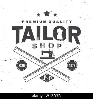 Tailor shop badge. Vector illustration. Concept for shirt, print, stamp label or tee. Vintage typography design with sewing machine, measure meter silhouette. Retro design for sewing shop business Stock Vector