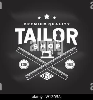 Tailor shop badge. Vector illustration. Concept for shirt, print, stamp label or tee. Vintage typography design with sewing machine, measure meter silhouette. Retro design for sewing shop business Stock Vector