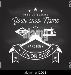 Tailor shop badge. Vector on the chalkboard. Concept for shirt, print, stamp label or tee. Vintage typography design with sewing machine, hangers for clothes silhouette. Retro design for sewing shop business Stock Vector