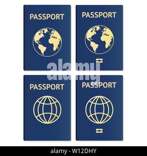 Set of passport isolated on white background. Vector illustration. Vector Passports with map isolated on white background. Blue passport Stock Vector