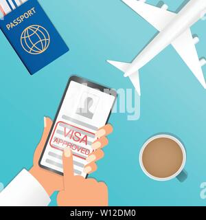 Hand holding black smartphone and finger touch on visa approved blank or work permit, screen on blue background. Human using mobile phone, Vector Stock Vector