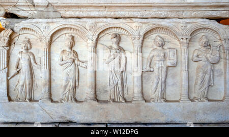 Sculptures on the Roman marble sarcophagus in Ephesus Efes museum, Selcuk, Turkey Stock Photo