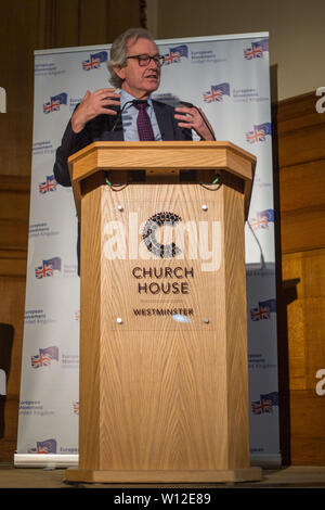 Lord Michael Heseltine speaks on the future of British politics to mark his appointment as the new President of the European Movement.  Lord Heseltine is joined by current Chair of the European Movement, Stephen Dorrell, and Vice-Chair Lord Andrew Adonis at Church House Westminster.  Featuring: Stephen Dorrell Where: London, United Kingdom When: 29 May 2019 Credit: Wheatley/WENN Stock Photo