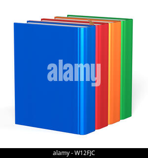 Blank books four textbooks educational bookshelf bookcase row standing 4 colorful green orange red blue template. School studying knowledge content ic Stock Photo